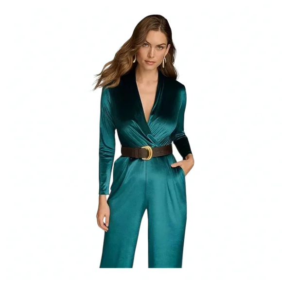 Donna Karan New York Women's Velvet Jumpsuit Green Size 16 (No Belt) - Picture 2 of 4